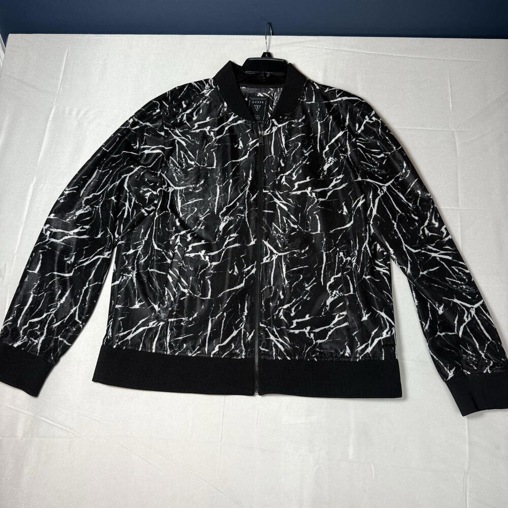 GUESS Jacket Men XXL Black White Bomber Abstract Shatter Lightning
